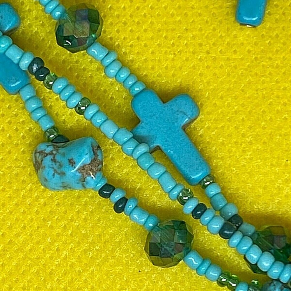 Beaded Christmas Western Turquoise Cross Seed Bead Necklace Earring - Picture 8 of 11